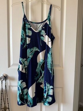 Tropical Leaf Print Navy Blue Spaghetti Strap Cami Dress XL Flowy Swing